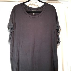 Black Top with Chiffon Ruffle Mesh Short Sleeve Pl